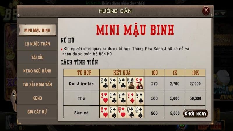 Luật chơi game mậu binh mini nên biết